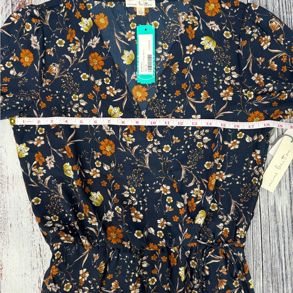 nine britton Navy Floral Wrap Blouse with Mustard and Cream Flowers - Picture 6 of 9